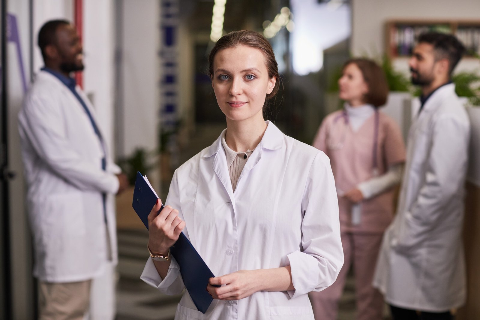 Young successful female genereal practitioner in lab coat holding document